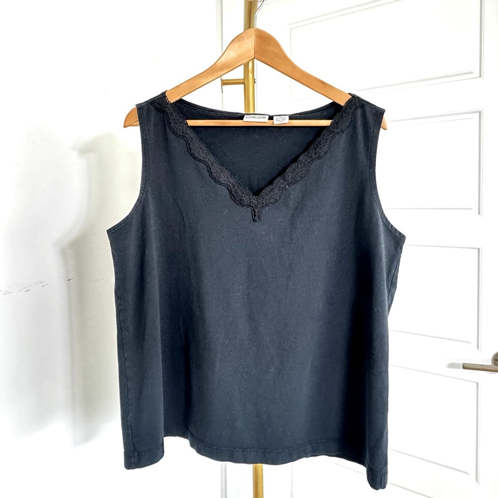 Women's Black Sleeveless Lace Trim V Neck Top Sz XL Minimalist‎ Layering